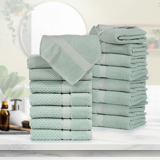 Ample Decor Bath Towels for Bathroom Set of 16 100% Cotton Popcorn Textured, Machine Washable - Mint Green - 30 X 54 Inch
