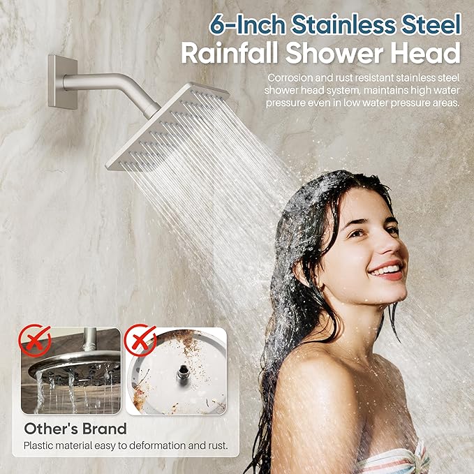 Nickel Shower System, Brushed Nickel Shower Faucet Set, 10'' Ceiling Shower Head, 6'' Wall Mounted Shower Head, 3 In 1 Push Button Shower Valve Kit, Waterfall ShowerHead with Handheld, Brushed Nickel