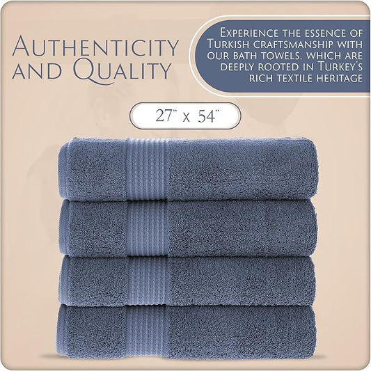 MAURA Basics Performance Bath Towels 100% Turkish Cotton with Hook Loops. Extra Large Luxury Absorbent Plush Towel Sets for Bathroom, Daily Use American Standard Size 27”x54”, Denim Blue
