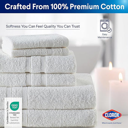 Clorox Bleach Friendly Towel Set, Quick Dry 100% Cotton Highly Absorbent Lightweight, 2 Bath, 2 Hand, 2 Washcloth Towels Ideal for Everyday Use (6 Pack, White)