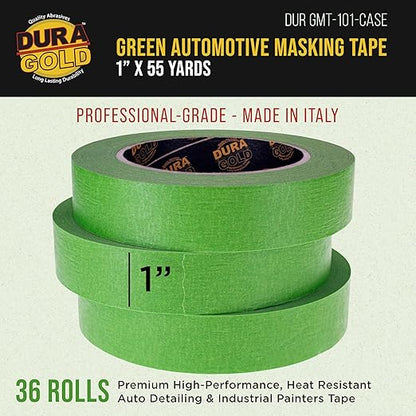 Dura-Gold Green Automotive Masking Tape 1 Inch (24mm x 55 Yards), Case of 36 Rolls - Premium High-Performance, Heat Resistant - Auto Refinish Painting, Car Detailing, Autobody, Painters Tape