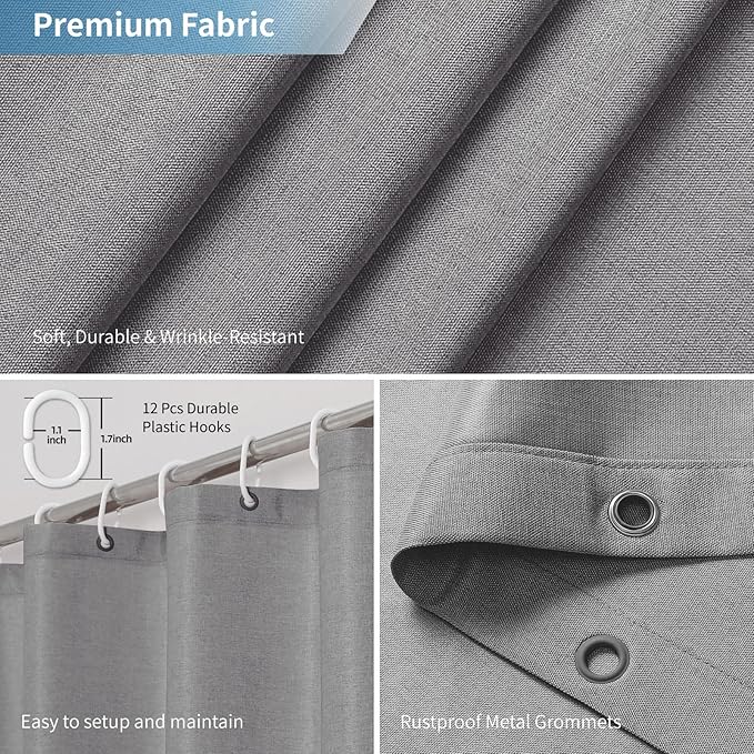 2-in-1 Waterproof Extra Long Fabric Shower Curtain or Liner,Linen Textured,84 Inch Breathable TPU & Washable Bathroom Shower Curtain Set with 12 Plastic Hooks,Modern,72"x84" Grey