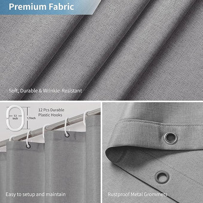 2-in-1 Waterproof Fabric Shower Curtain or Liner,Linen Textured,Breathable TPU & Washable Bathroom Shower Curtain Set with 12 Plastic Hooks,Modern,72"x72" Grey