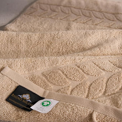 BAGNO MILANO Organic Turkish Cotton Bath Towels, Luxury Jacquard Collection, Certified Organic Highly Absorbent, Soft-Plush Towel Set (Latte, Bathsheet)