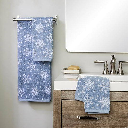 SKL Home Christmas/Winter Scattered Snowflakes 100% Cotton Premium 2-Piece Hand Towel Set, 450 GSM, Reversible Jacquard, Soft & Absorbent, Decorative for Bath/Kitchen/Bar, Blue/White