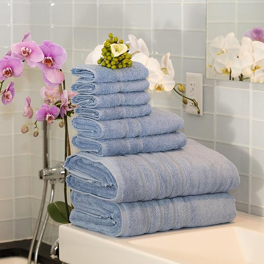 Mosobam Luxury Turkish 8pc XL Towel Set 35X70 16X30 13X13 Allure Blue 700 GSM Bamboo Viscose & Aegean Turkish Combed Cotton