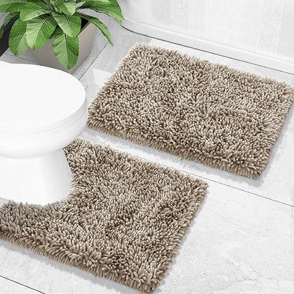 Yimobra Toilet Rugs U Shaped Washable, Extra Thick Soft Absorbent Chenille Contour Bathroom Rugs for Toilet 24x24 Inch, Quick Dry Non Slip Toilet Mat for Bath Floor, Camel