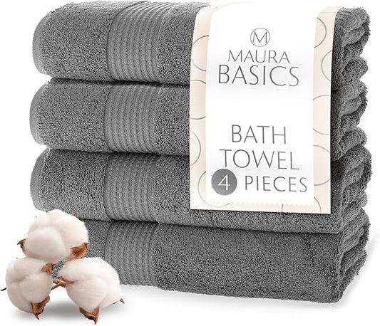 MAURA Basics Performance Bath Towels 100% Turkish Cotton with Hook Loops. Extra Large Luxury Absorbent Plush Towel Sets for Bathroom, Daily Use American Standard Size 27”x54”, Space Gray