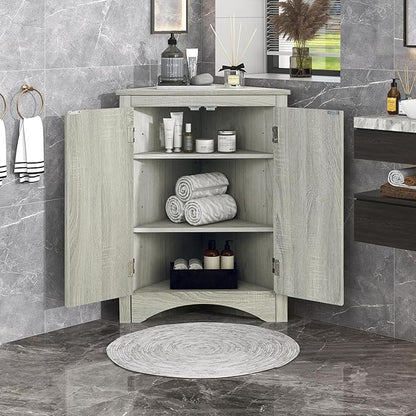 Corner Storage Cabinet with Adjustable Shelves, Triangle Bathroom & Kitchen Organizer, Freestanding Floor Cabinet for Toilet Kitchen Bathroom Cleaning Supplies (Oak)