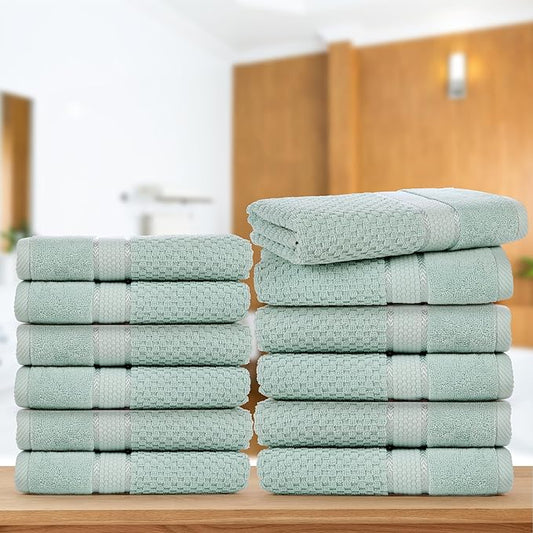 Ample Decor 100% Cotton Hand Towel for Kitchen Set of 12 Mint Green, Premium Quality for Bathroom, Hotel, Spa, Gym, Kitchen - 18 X 28 Inch - Mulaayam Collection