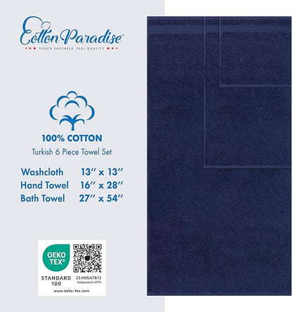 Cotton Paradise 6 Piece Towel Set 100% Cotton Soft Absorbent Turkish Towels for Bathroom 2 Bath Towels 2 Hand Towels 2 Washcloths, Navy Blue Towel Set