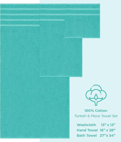 American Soft Linen Luxury 6 Piece Towel Set, 2 Bath Towels 2 Hand Towel 2 Washcloths, 600 GSM 100% Cotton Turkish Towels for Bathroom, Turquoise Blue Towel Sets