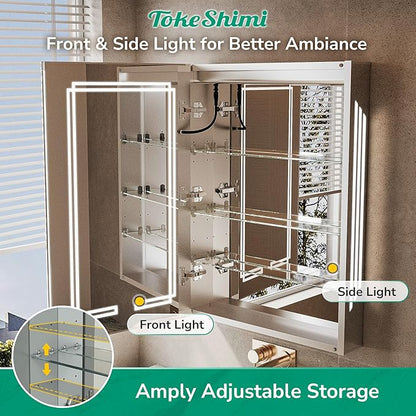 TokeShimi 20x32 Lighted Medicine Cabinet Mirrored, Anti-Fog Tempered Bathroom LED Mirror with Storage 3 Color Stepless Dimming, CRI 80+, Memory Funtion, Surface Mount Medicine Cabinet with Light