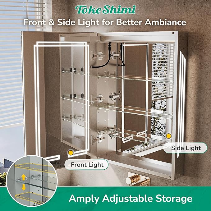 TokeShimi 36 x 32 Bathroom Medicine Cabinet with Lighted Mirror Tempered, LED Medicine Cabinet Mirror with 3 Colors Dimmable, CRI 80+, Anti-Fog, Memory Funtion, Wall Make up Mirror with Storage