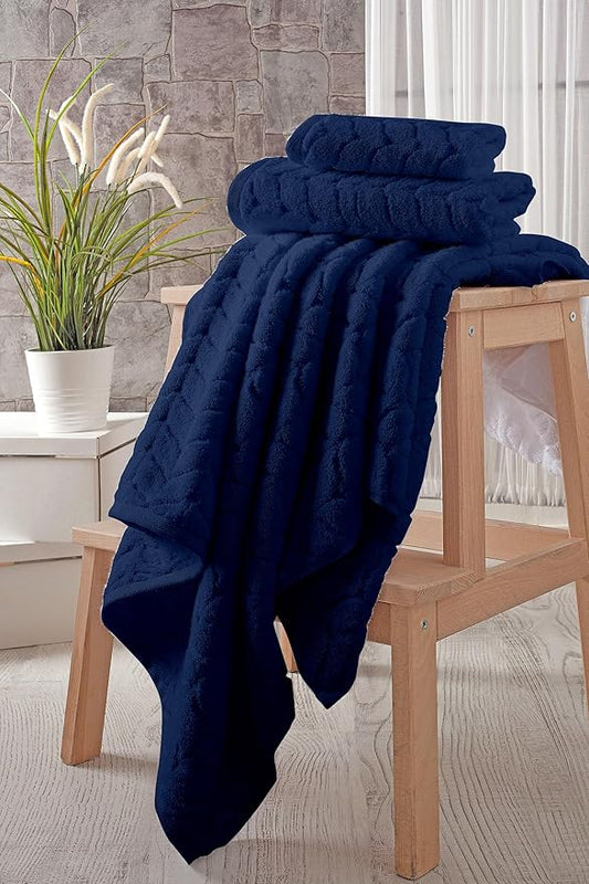 BAGNO MILANO Turkish Bath Towels, Soft Plush Jacquard Luxury Bath Towels, Quick Dry Towel Set (Navy, 3 pcs Towel Set)