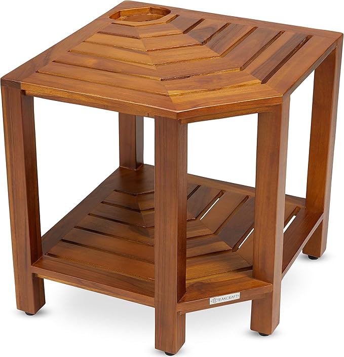 TeakCraft Teak Corner Shower Bench with Basket 17.5 Inch, Fully Assembled. The TeakRa