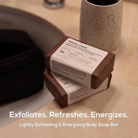 MARLOWE. No. 109 Coffee Bar Soap 7 oz (12 Bars) – Exfoliating Body Scrub for Men with Natural Extracts, Caffeine, Coffee Bean & Cocoa Butter – Energizing Fresh Brewed Scent