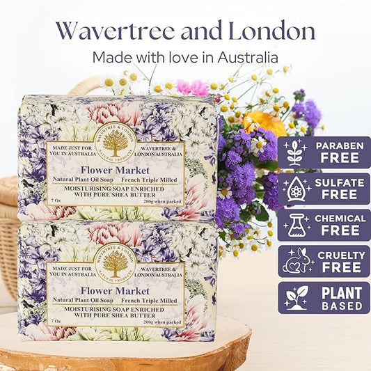 Wavertree & London Flower Market Scented Natural Soap (2 Bars), 7oz Moisturizing French Triple Milled Soap Bars enriched with shea butter - Pure Plant Based Bath & Body Bars for All Skin Types