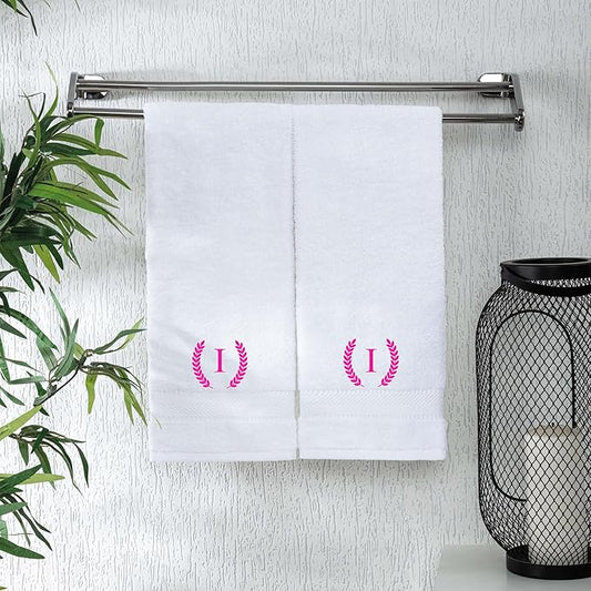 Monogrammed Hand Towels for Bathroom Makeup, Personalized Turkish Cotton Towel with Embroidery, Gift for Weddings, Housewarming, Anniversaries, and Bridal Showers, Set of 2 (Hot Pink, Initial I)