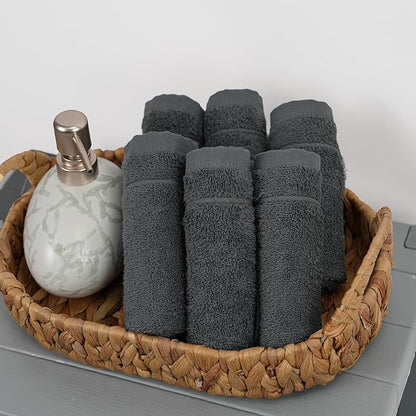 Tens Towels Pack of 24 Washcloths, 12 x 12 Inches, Lighter Weight, Quick to Dry, Super Soft & Absorbent, Gentle Face Towels, Hotel Quality, Perfect for Bathroom, Gym, Spa (Dark Grey, 24 Pack)