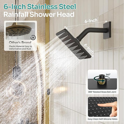 Black Shower System, Matte Black Shower Faucet Set with 3 In 1 Push Button Shower Diverter Valve, 10'' Ceiling Shower Head and 6'' Wall Mounted Shower Head, Black Rain Shower Head with Handheld Spray