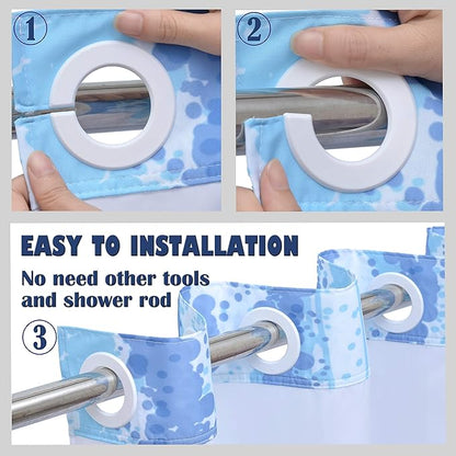 Conbo Mio No Hook Shower Curtain with Snap in Liner Set, Hotel Luxury Blue Shower Curtains for Bathroom with See Through Top Window, Waterproof, Washable 71W x 74H