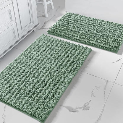 Yimobra Bathroom Rugs Sets 2 Piece - Quick Dry Extra Thick Luxury Chenille Bath Mat, Non Slip Super Absorbent for Tub Shower Sink, Machine Washable Shaggy Floor Mat, 32"x20"+24"x17" Inch, Green