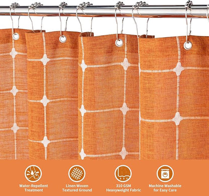 MitoVilla Orange Boho Extra Long Shower Curtain 72 x 84, Modern Farmhouse 84 inch XL Polyester Linen Texture Tassel Fabric Shower Curtain Set with Hooks for Cottagecore Country Bathroom Decor