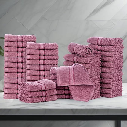 Ample Decor 100% Cotton Washcloths Set of 50 - Highly Absorbent, Popcorn Textured - Mulaayam Collection - Grape Purple 12 X 12 Inch