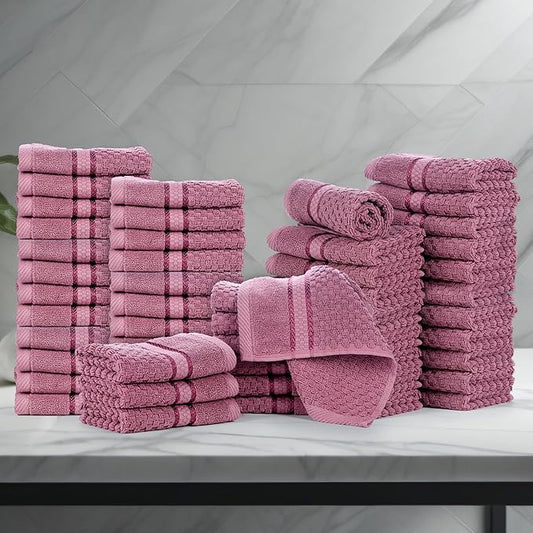 Ample Decor 100% Cotton Washcloths Set of 50 - Highly Absorbent, Popcorn Textured - Mulaayam Collection - Grape Purple 12 X 12 Inch