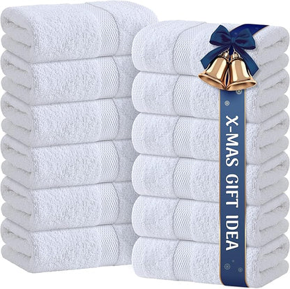 Wealuxe White Hand Towels for Bathroom [12 Pack] Cotton Hand Towel Bulk for Gym, Kitchen and Spa, 16x27 Inches Soft Highly Absorbent Quick Dry Terry Salon Towels