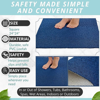 Enkosi Loofah Shower Mat Non-Slip - Anti-Slip Bath Mat for Inside Showers, Tub, Bathtub, Bathroom - Quick Dry PVC with Drain Holes - Cushioned Safety Grip - Secure for Kids and Elderly (Navy 24x24)