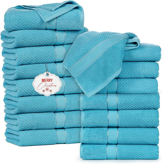 Ample Decor Bath Towels for Bathroom Set of 16 100% Cotton Sky Blue Popcorn Textured, Machine Washable - Mulaayam Collection - 30 X 54 Inch