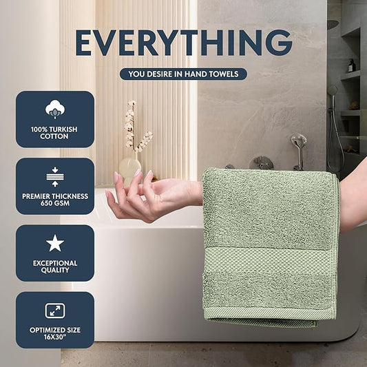 White Classic Luxury Light Green Hand Towels - Soft 100% Turkish Cotton | Highly Absorbent Hotel spa Bathroom Towel Collection | 16x30 Inch | Set of 6