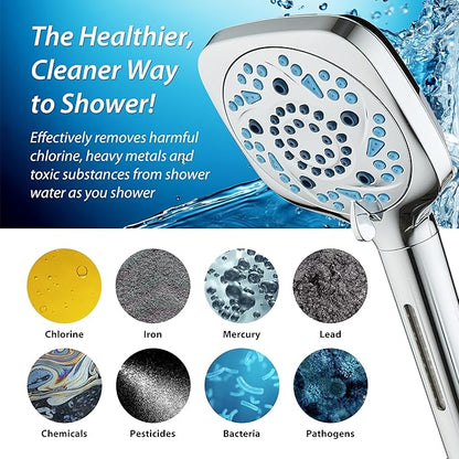 6-way High Pressure 82 Spray Mode Filtered Showerhead Combo - Handheld Shower Head Filters Chlorine to Heal Dry Skin, Revive Hair - Dual Power Wash Cleans Tub, Tile, Pets - Hard Water Softener, Chrome