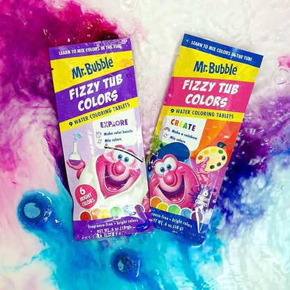 Mr. Bubble Fizzy Tub Colors Bath Water Coloring Tabelets, 6 Bright Colors, Red, Orange, Yellow, Purple, Blue and Green, Fragrance Free (12 Packets, 9 Tablets Each)