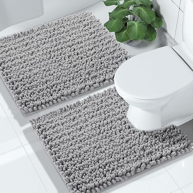 Yimobra Bathroom Rugs Sets 2 Piece - Quick Dry Extra Thick Luxury Chenille Bath Mat, Non Slip Super Absorbent for Tub Shower Sink, Machine Washable Shaggy Floor Mat, 24"x17+24"x20" Inch, Grey