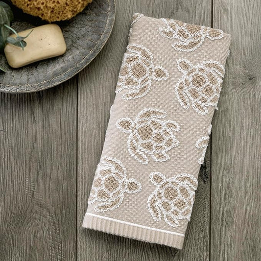 SKL Home Turtle Sculpted 100% Cotton Jacquard 2pc Hand Towel Set, Coastal, Reversible & Decorative for Bath/Kitchen/Bar/Beach House & Gift, Taupe