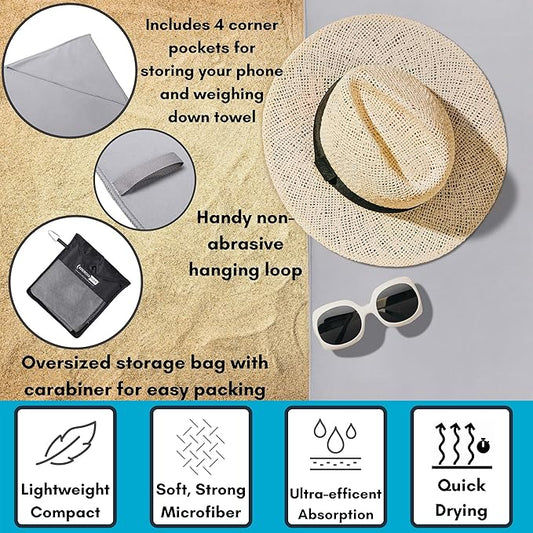 BIRDROCK HOME Multi-Purpose Microfiber Towel for The Beach, Travel, Pets or Camping - Large 31 x 63” - Grey - Quick-Dry - Absorbent Lightweight Compact - Bag - Kids Hiking Outdoor - Corner Pockets