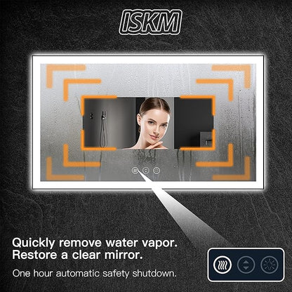 ISKM Framed LED Mirror for Bathroom 48"x32", Dimmable LED Bathroom Mirror with Lights, Anti-Fog, Front and Backlit Lighted Mirror 3-Colors, Shatterproof, Memory Function