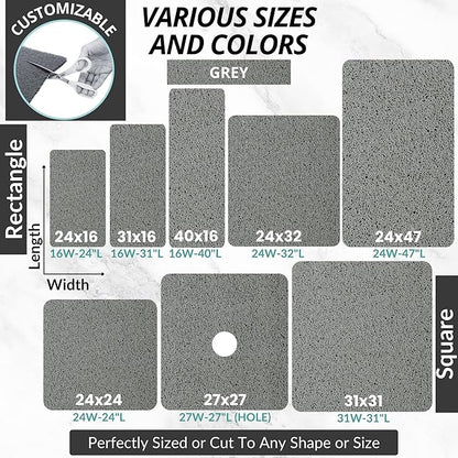 Enkosi Loofah Shower Mat with Drain Hole – Cushioned Anti-Slip Square Bath Mat for Showers, and Bathroom Floors – Textured PVC, Non Slip Safety Pad for Walk-in Stalls and Wet Areas (27x27 Grey)