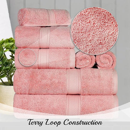 BNM Egyptian Cotton Heavyweight Towels, Ideal For Bathroom, Shower, Spa, Hotel, 800 GSM, Face/ Washcloths, Hand Towels, Bath Towels, Highly-Absorbent, Luxury Basics, 9 Piece Towel Set, Tea Rose Pink