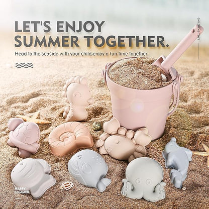 MarcZero 11Pcs Silicone Beach Toys,Modern Baby Beach Toys,Travel Friendly Beach Set,Silicone Bucket, Shovel, 8 Sand Molds, Beach Bag,Silicone Sand Toys for Toddlers, Kids (Pink)