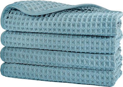 POLYTE 430 GSM Microfiber Lint Free Washcloth Face Towel, 13 x 13 in, 4 Pack (Waffle Weave)