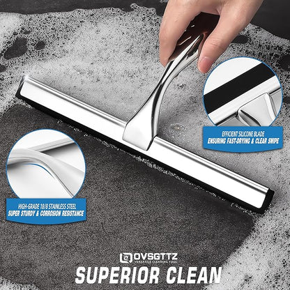 Shower Squeegee for Glass Door with 3 Adhesive Hook, Stainless Steel Glass Cleaning Squeegee for Bathroom & Household Window, Mirrors, Tiles and Car, 10 Inches, Clear, Silver