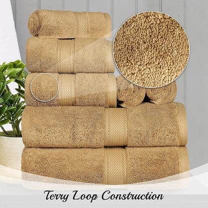 BNM Egyptian Cotton Heavyweight Towels, Ideal For Bathroom, Shower, Spa, Hotel, 800 GSM, Face/ Washcloths, Hand Towels, Bath Towels, Highly-Absorbent, Luxury Home Basics, 9 Piece Towel Set, Toast