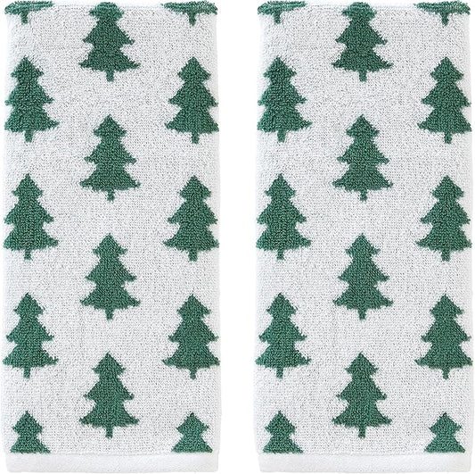 SKL Home Christmas/Winter Holiday Trees 100% Cotton Premium 2-Piece Hand Towel Set, 500 GSM, Reversible Jacquard, Soft & Absorbent, Decorative for Bath/Kitchen/Bar & Gift, Green/White
