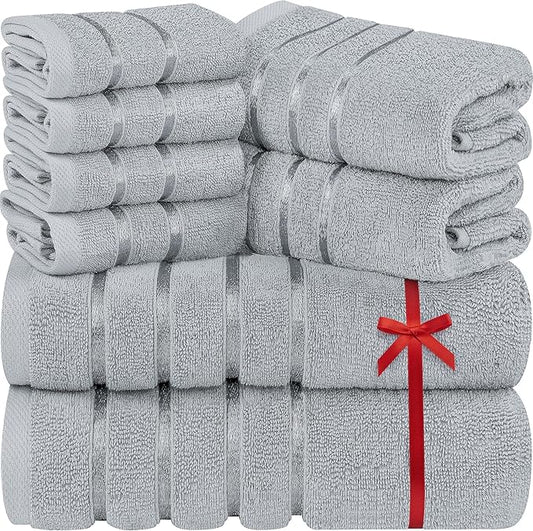Utopia Towels 8 Piece Luxury Towel Set, 2 Bath, 2 Hand, and 4 Wash Cloths, 600 GSM Ring Spun Cotton, Highly Absorbent Viscose Stripe Towels, Ideal for Everyday use, Cool Grey