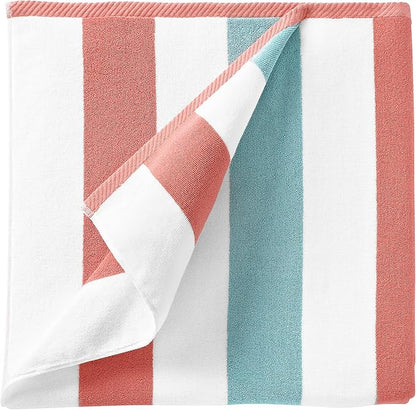 Laguna Beach Textile Co. Striped Cabana Beach Towel - Oversized, Plush 630 GSM Cotton - Coral Orange & Sea Glass Green
