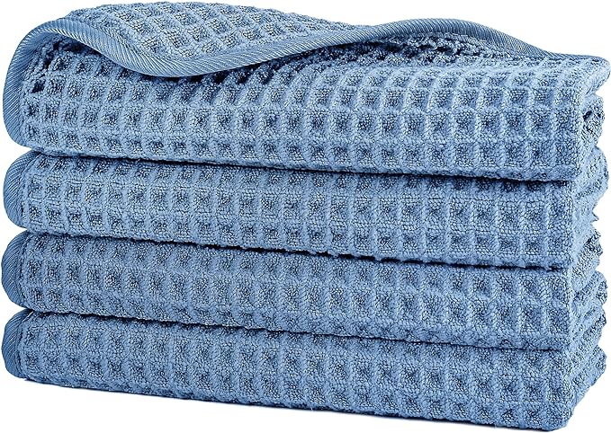 POLYTE 430 GSM Microfiber Lint Free Washcloth Face Towel, 13 x 13 in, 4 Pack (Waffle Weave)